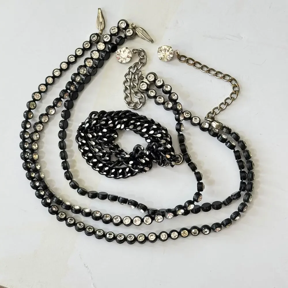 Vintage Black Metal White Rhinestone Multi-strand Necklaces-Set of 2 + bonus
